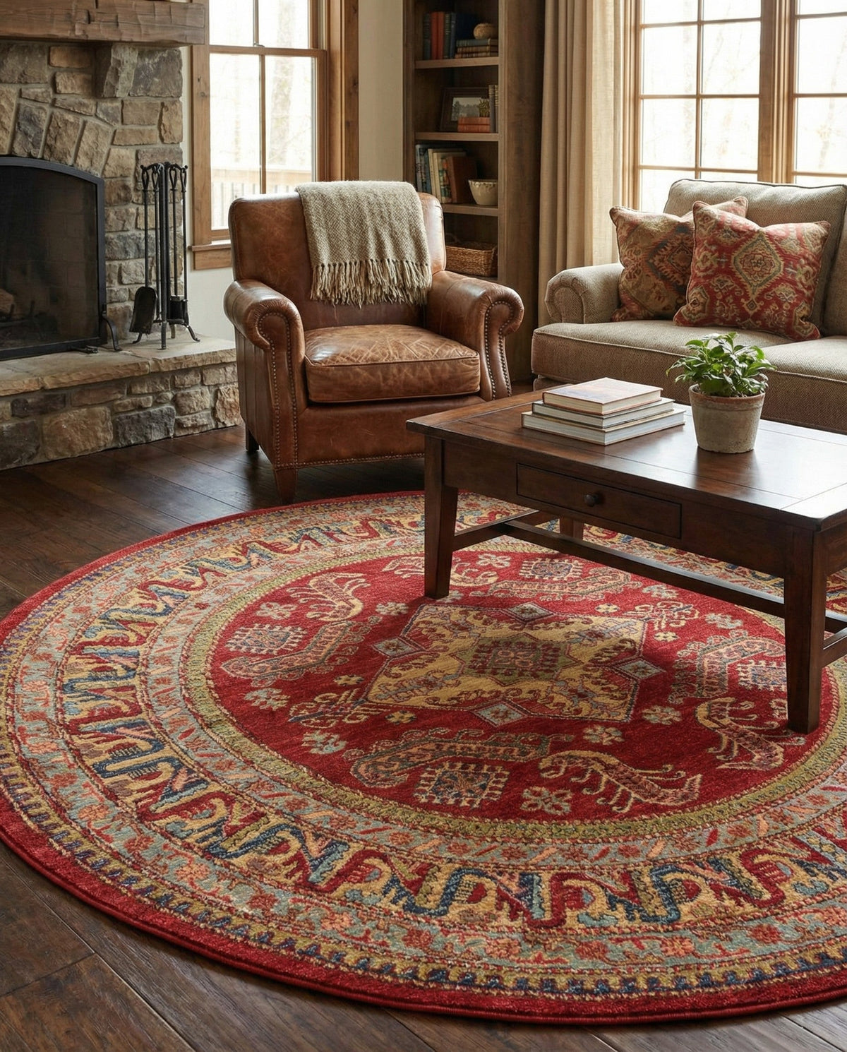 Persian Elegance Collection Area Rug -  Ardabil Round Red  lifestyle 44