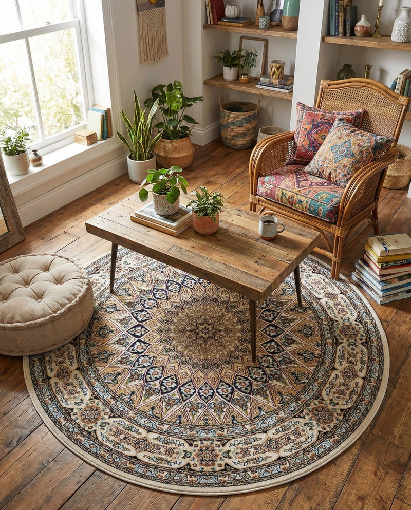 Persian Elegance Collection Area Rug -  Hamedan (Ivory) Round Ivory  lifestyle 34