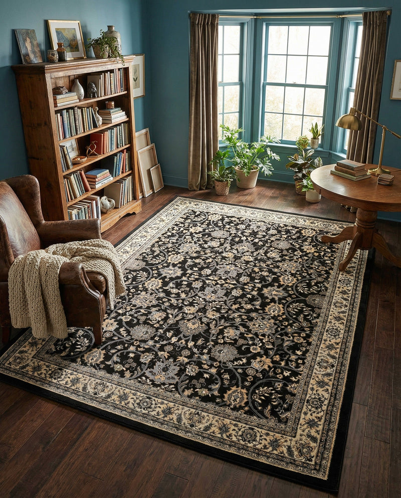 Isfahan Elegance Collection Area Rug - Naghsh-e Jahan (Black) Rectangle Black  lifestyle 53
