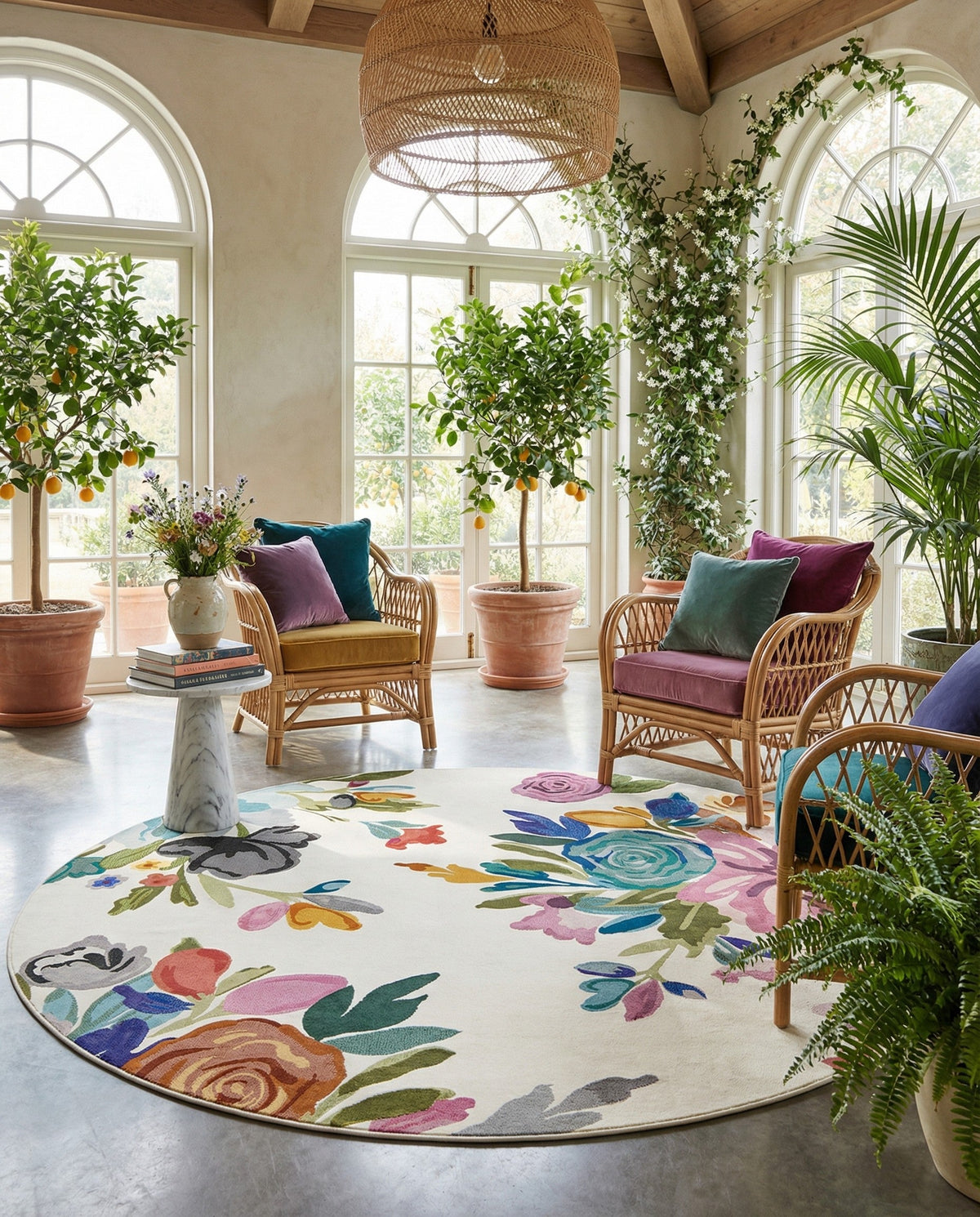 Meadow Breeze Collection Area Rug - Wildflower Round Ivory  lifestyle 146