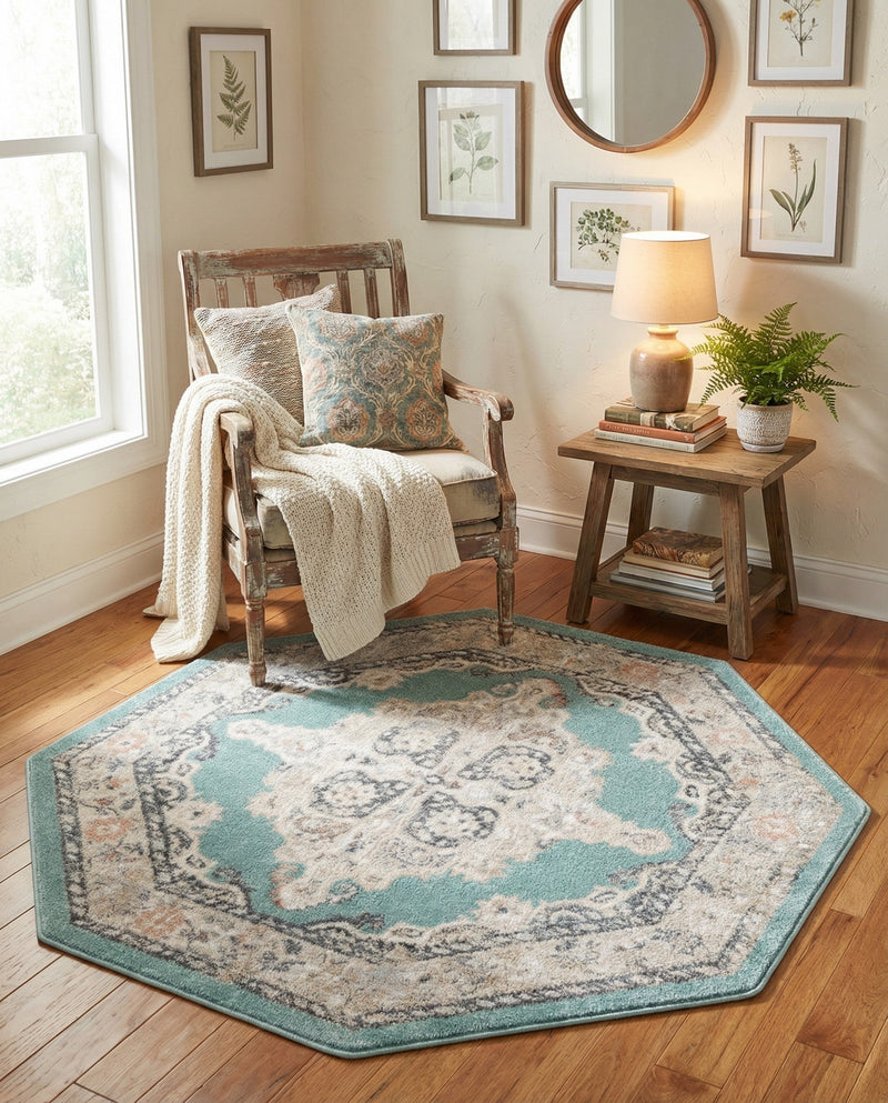 Beverly Grove Collection Area Rug -  Fairfax (Aqua) Octagon Aqua  lifestyle 75