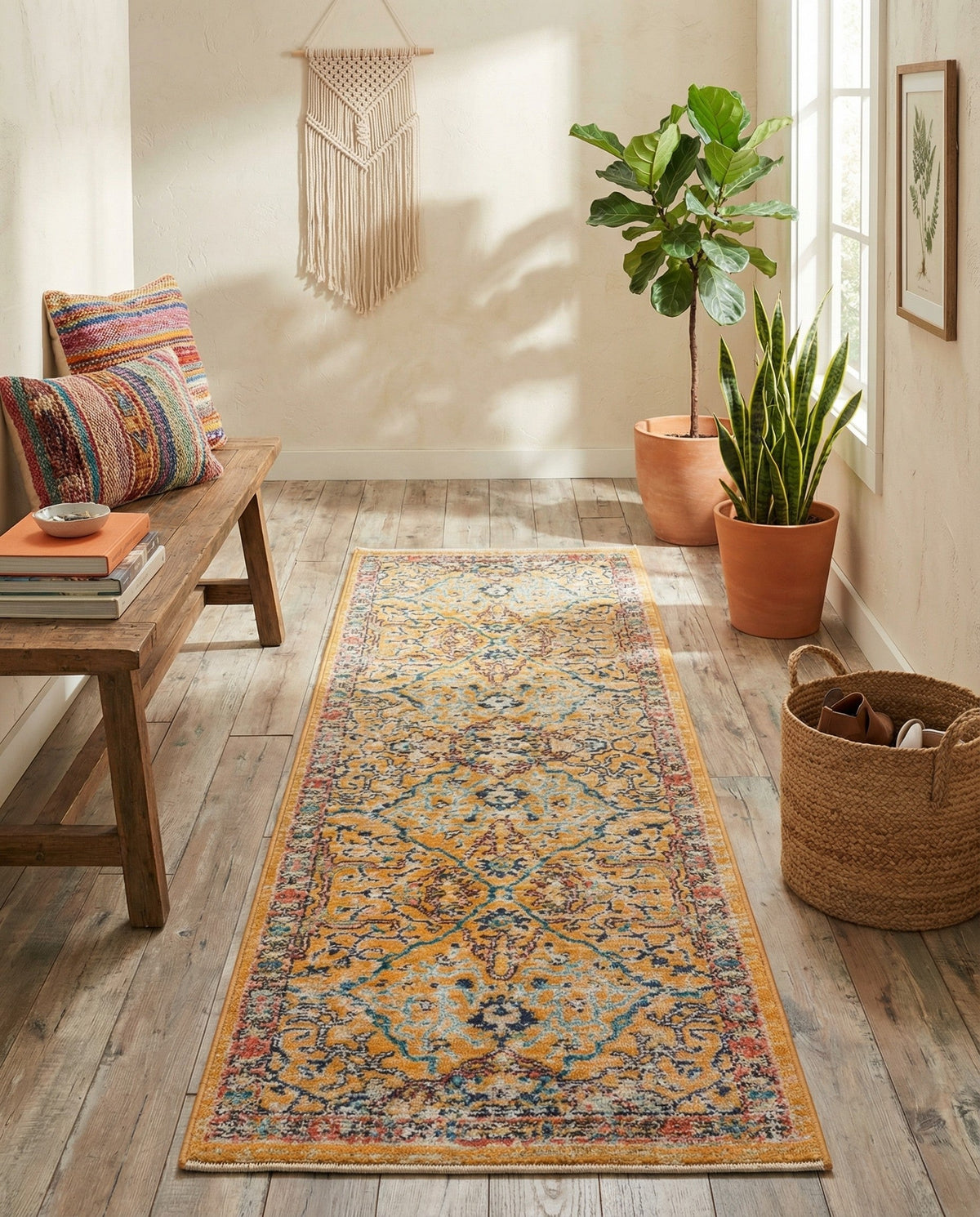 Seville Stripes Collection Area Rug -  Malaga (Yellow) Runner Yellow  lifestyle 77