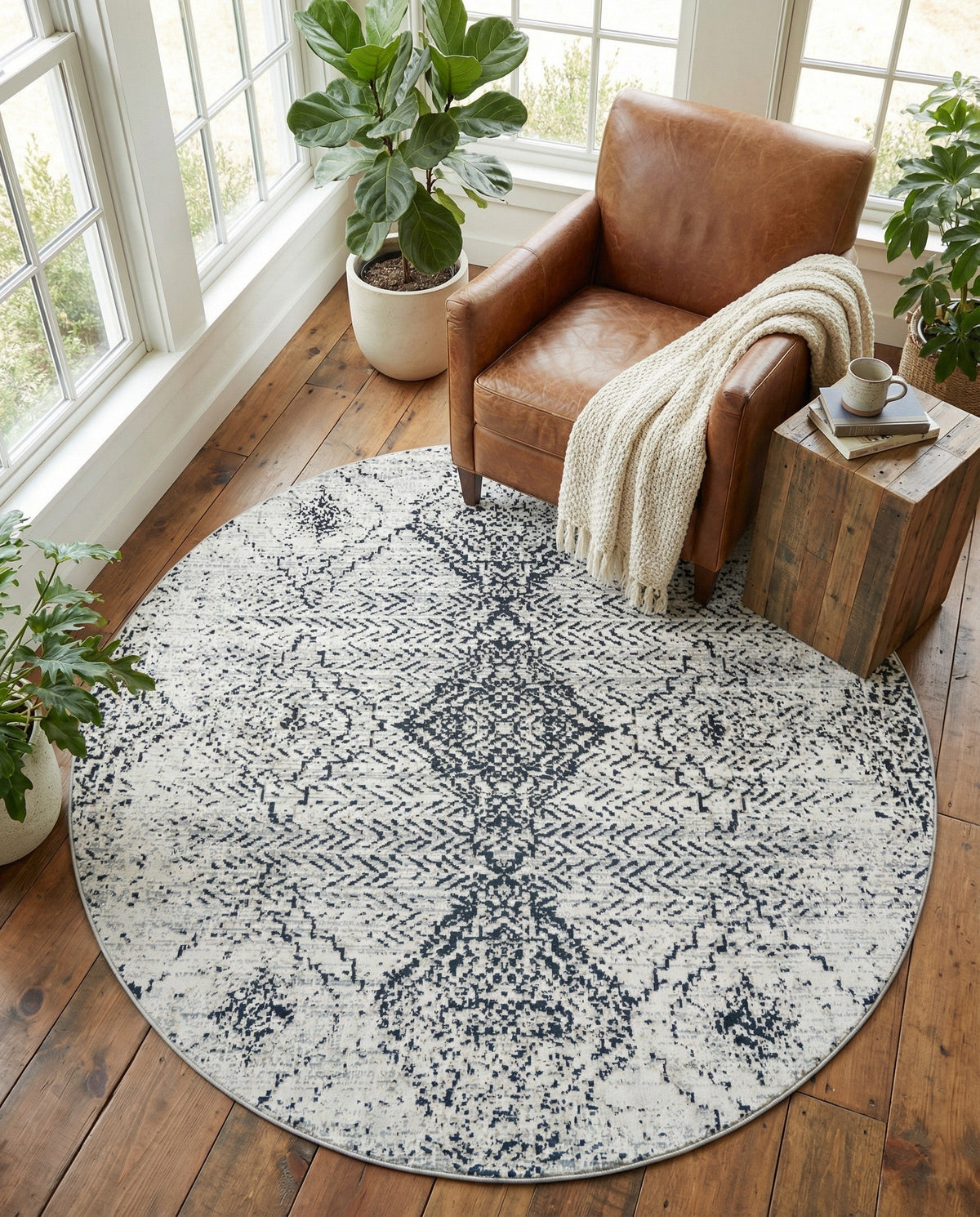 Aegean Elegance Washables Collection Area Rug -  Naxos Round Black and White  lifestyle 139