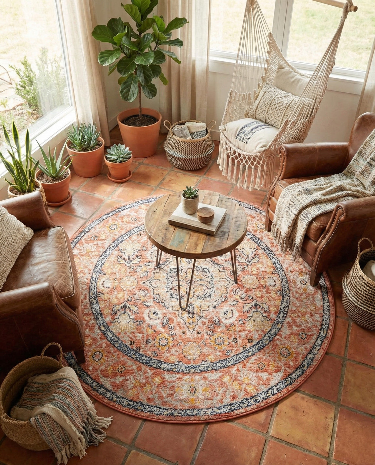 Seville Stripes Collection Area Rug - Cadiz (Brick Red) Round Brick Red  lifestyle 91