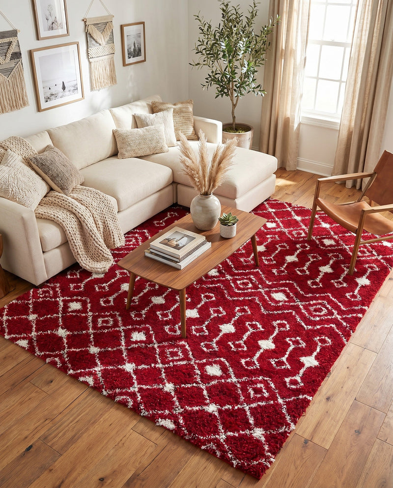 Berber Lattice Shag Collection Area Rug - Atlas (Burgundy Red) Rectangle Burgundy Red  lifestyle 14