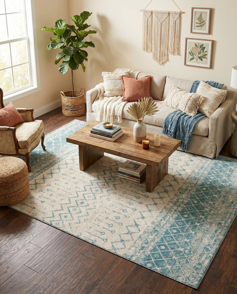 Mediterranean Lattice Collection Area Rug -  Casablanca (Ivory Blue) Rectangle Ivory Blue  lifestyle 19