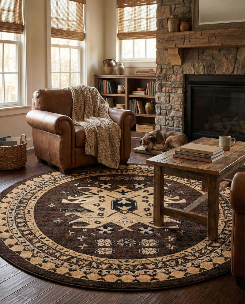 Tabriz Tapestries Collection Area Rug - Azerbaijan (Brown) Round Brown  lifestyle 27