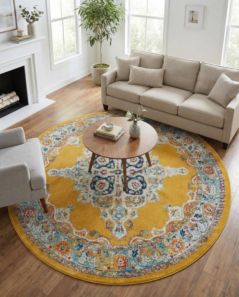 Beverly Grove Collection Area Rug -  Fairfax (Yellow) Round Yellow  lifestyle 54