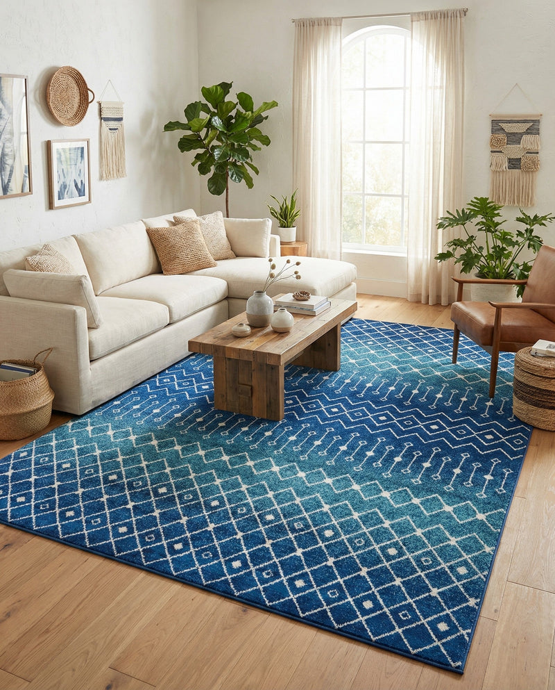 Mediterranean Lattice Collection Area Rug - Santorini (Navy and Teal) Rectangle Navy and Teal  lifestyle 6