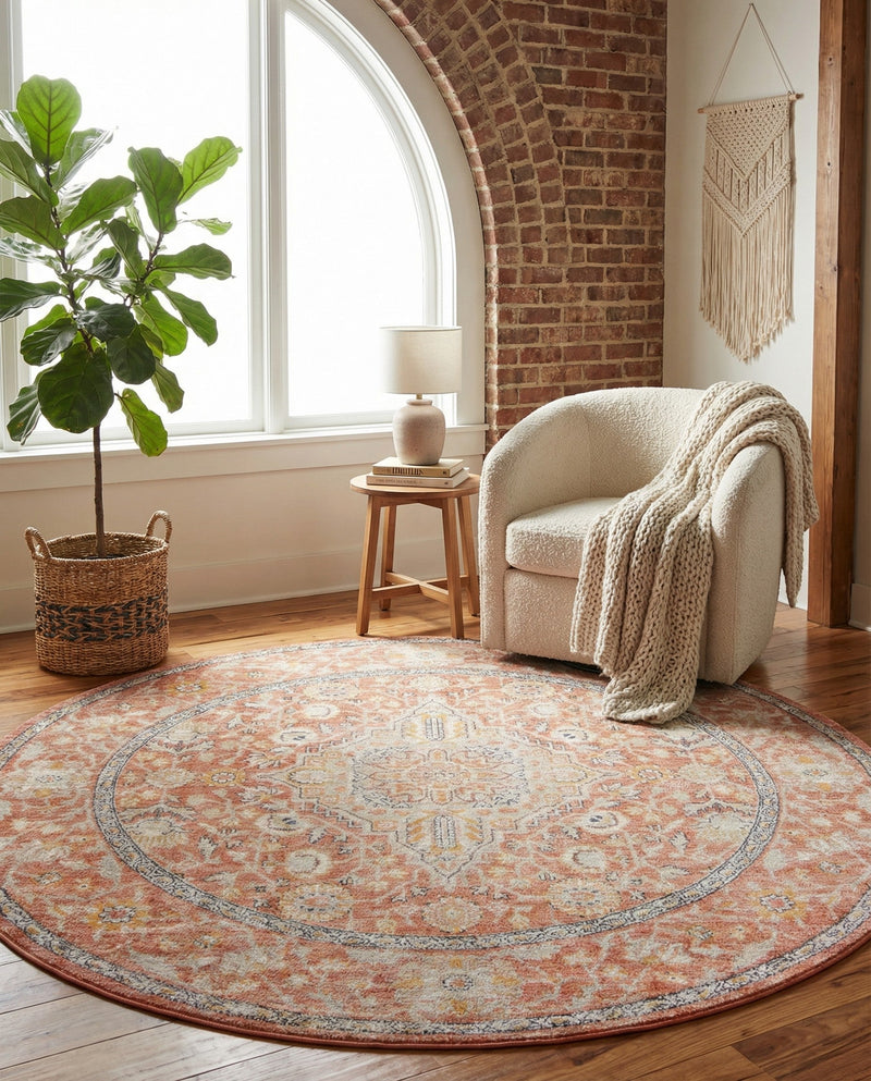 Seville Stripes Collection Area Rug - Cadiz (Brick Red) Round Brick Red  lifestyle 24