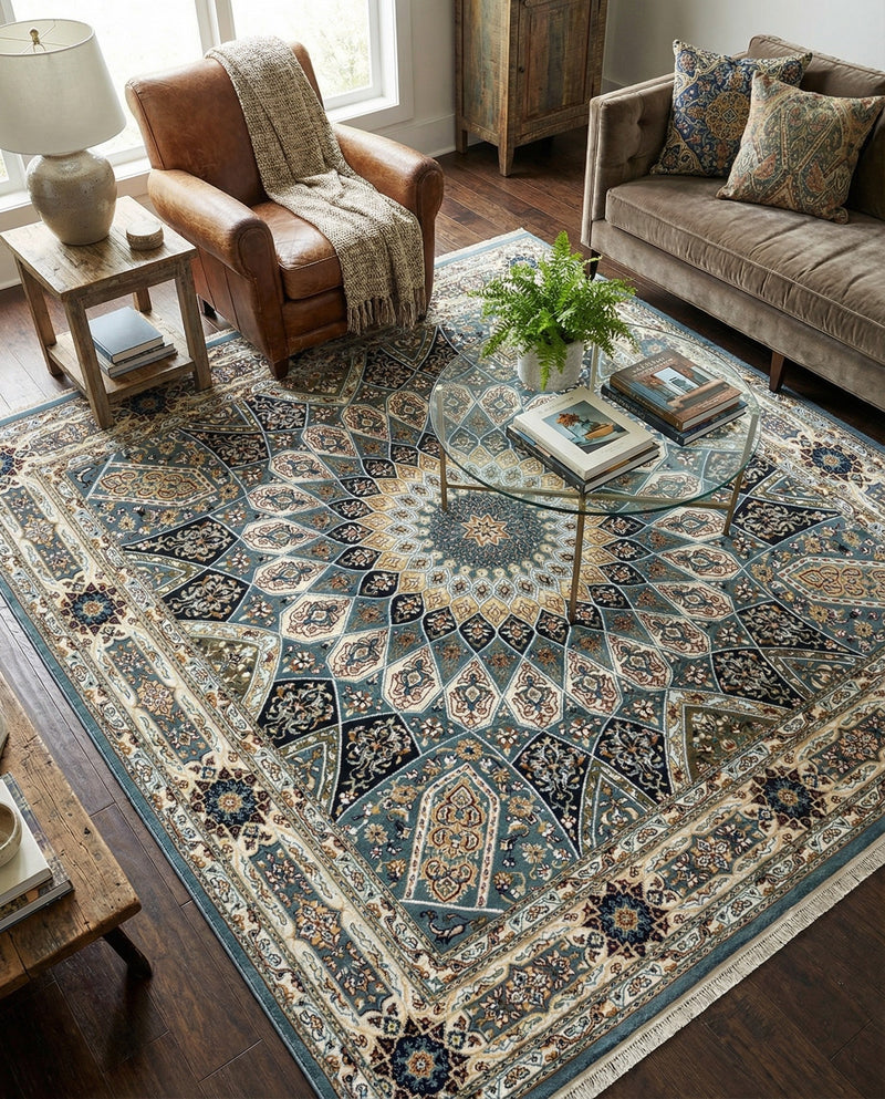 Persian Elegance Collection Area Rug -  Hamedan (Blue) Square Blue  lifestyle 60