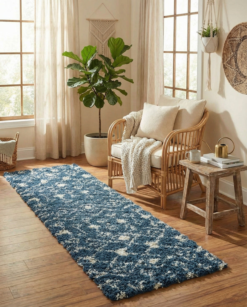 Berber Lattice Shag Collection Area Rug - Atlas (Navy Blue) Runner Navy Blue  lifestyle 78
