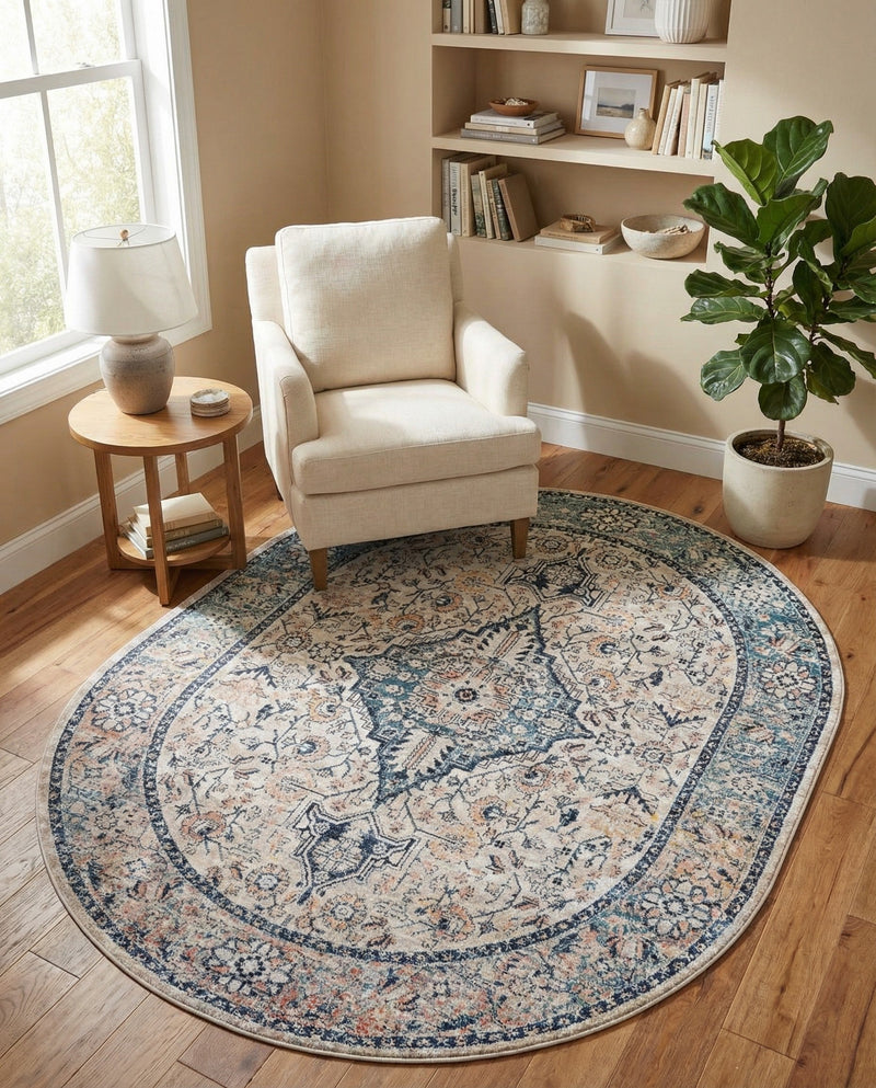 Seville Stripes Collection Area Rug - Cadiz (Blue) Oval Blue  lifestyle 67