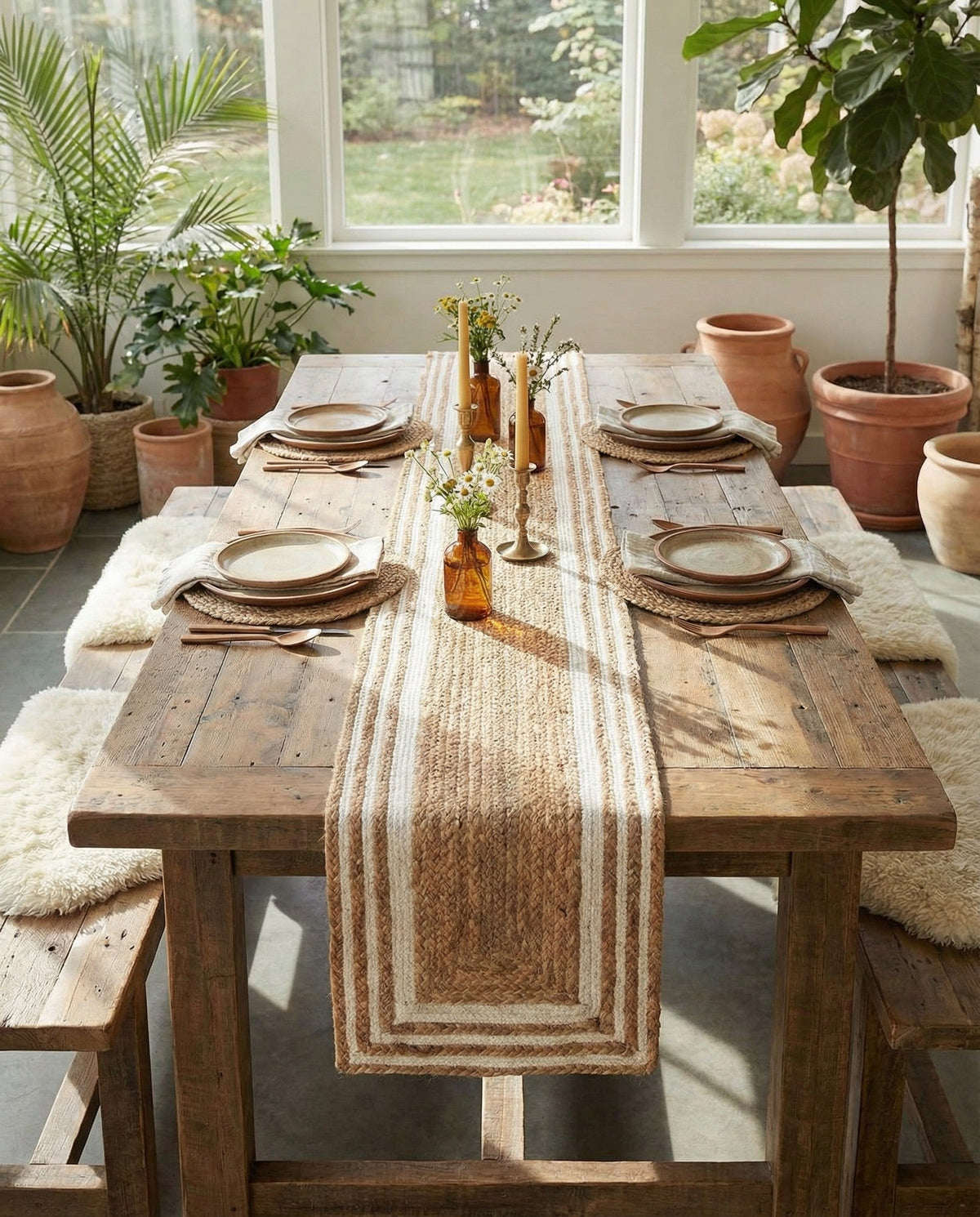 Woven Seaside Jute Collection Area Rug - Nantucket Table Runner Natural and White  lifestyle 114