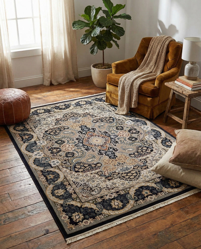 Persian Elegance Collection Area Rug -  Shiraz Rectangle Navy Blue  lifestyle 21