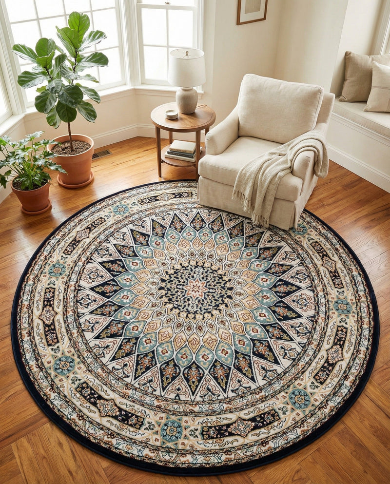 Persian Elegance Collection Area Rug -  Hamedan (Navy Blue) Round Navy Blue  lifestyle 26