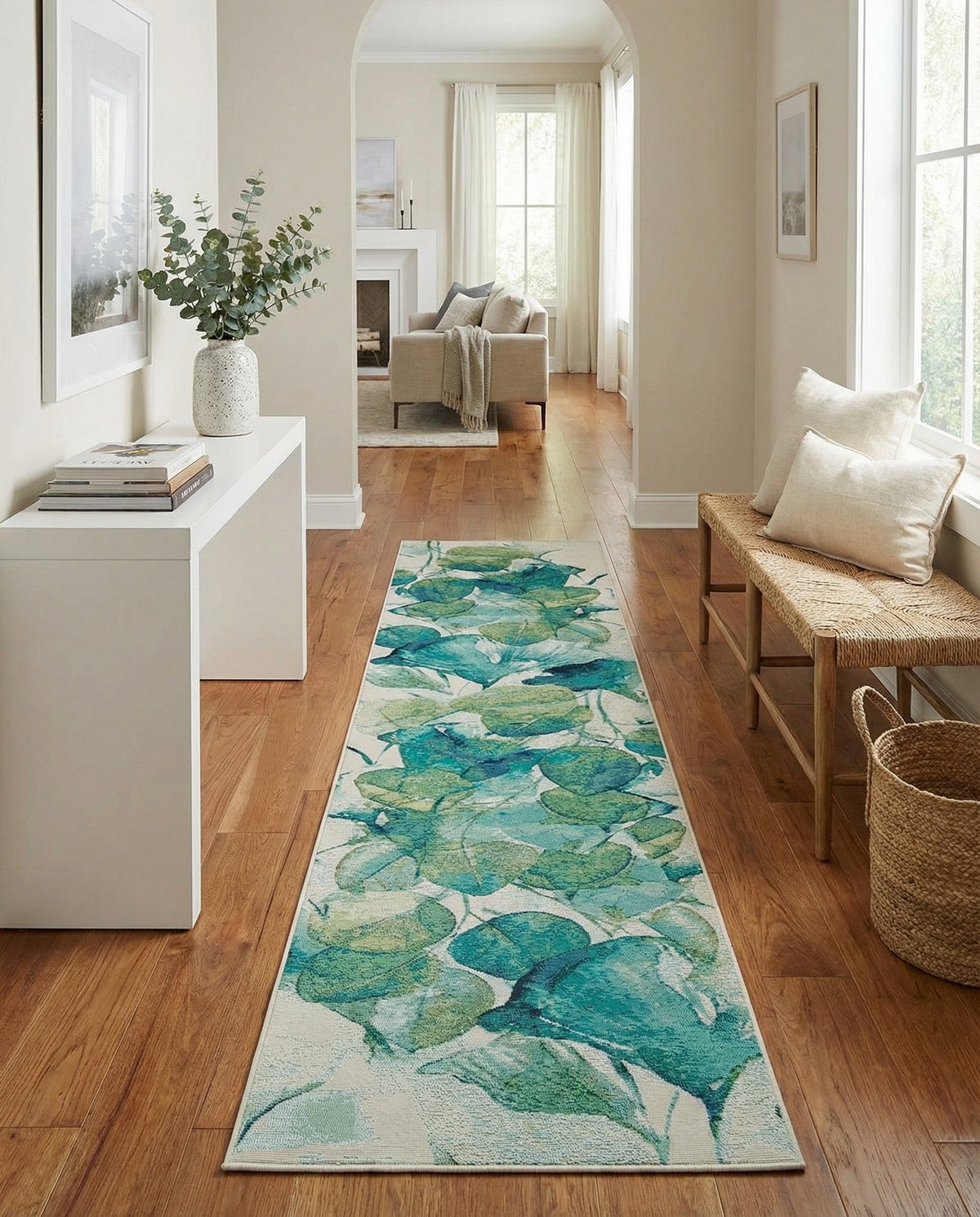 Seaside Blooms Collection Area Rug -  Flora Runner Blue Green  lifestyle 90