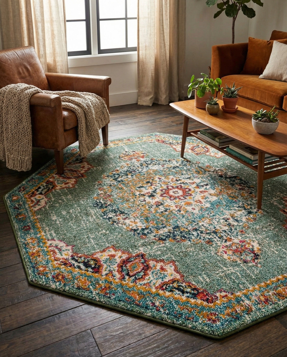 Brighton Terrace Collection Area Rug - Hove (Green) Octagon Green  lifestyle 55