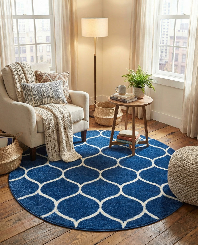 Trellis Mosaic Collection Area Rug -  Pergolatown (Navy Blue) Round Navy Blue  lifestyle 69