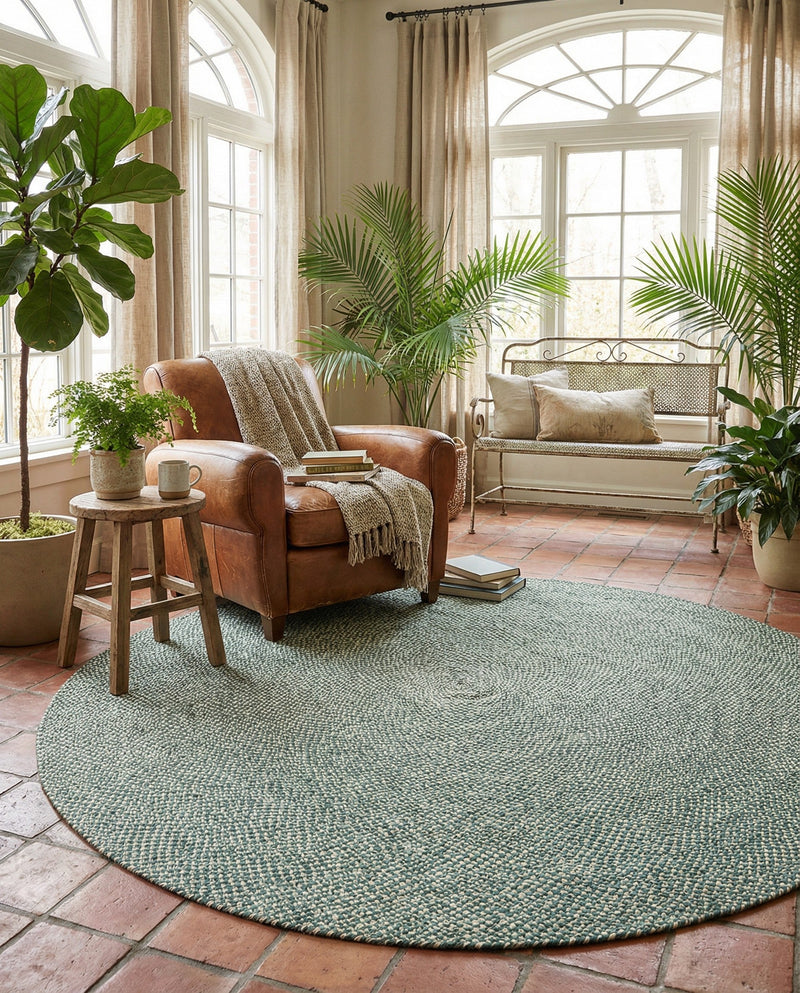 Highland Woven Jute Collection Area Rug - Glenmore (Green) Round Green  lifestyle 49