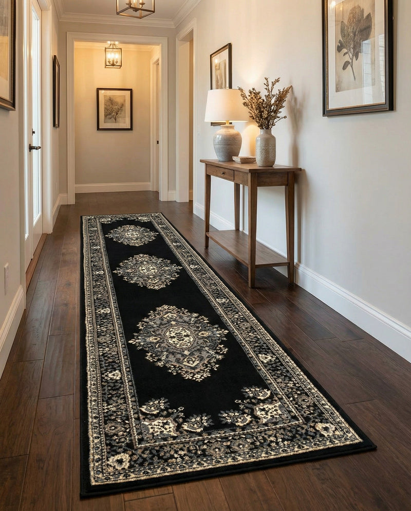 Tabriz Tapestry Collection Area Rug - Azerbaijan (Black) Runner Black  lifestyle 66