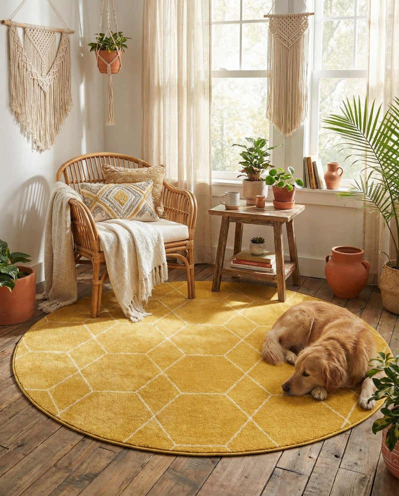 Trellis Mosaic Collection Area Rug - Arborville (Yellow) Round Yellow  lifestyle 63