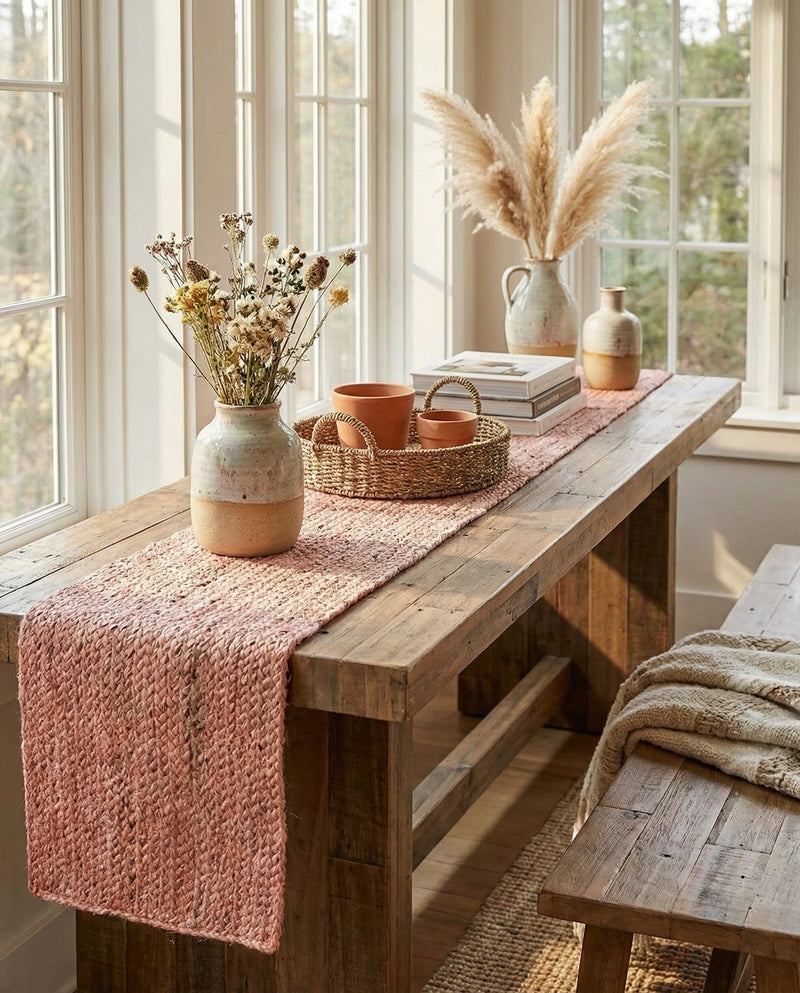 Woven Seaside Jute Collection Area Rug - Savannah (Light Pink) Table Runner Light Pink  lifestyle 76