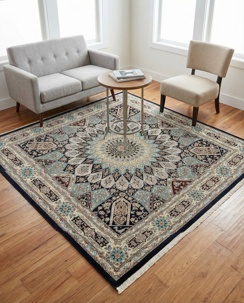 Persian Elegance Collection Area Rug -  Hamedan (Navy Blue) Square Navy Blue  lifestyle 83