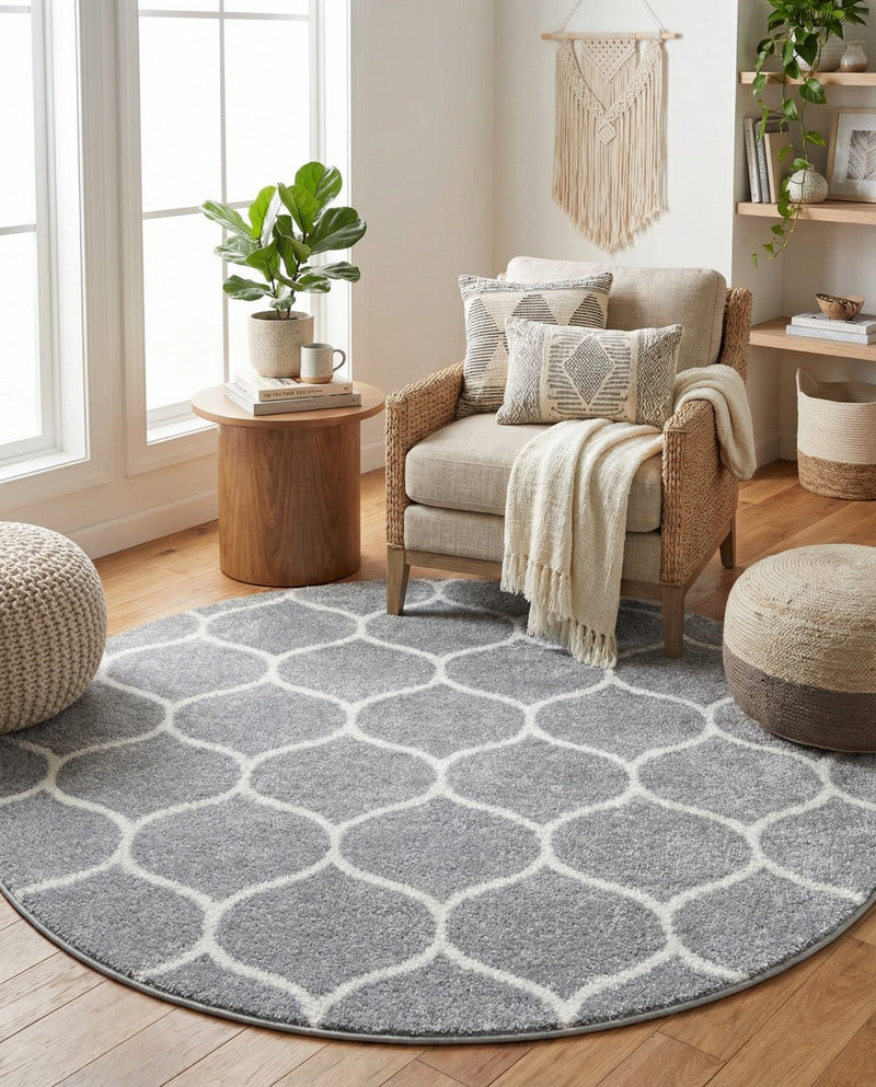 Trellis Mosaic Collection Area Rug -  Pergolatown (Light Gray) Round Light Gray  lifestyle 66
