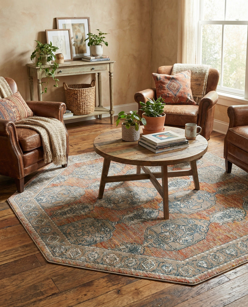 Seville Stripes Collection Area Rug -  Granada (Brick Red) Octagon Brick Red  lifestyle 55