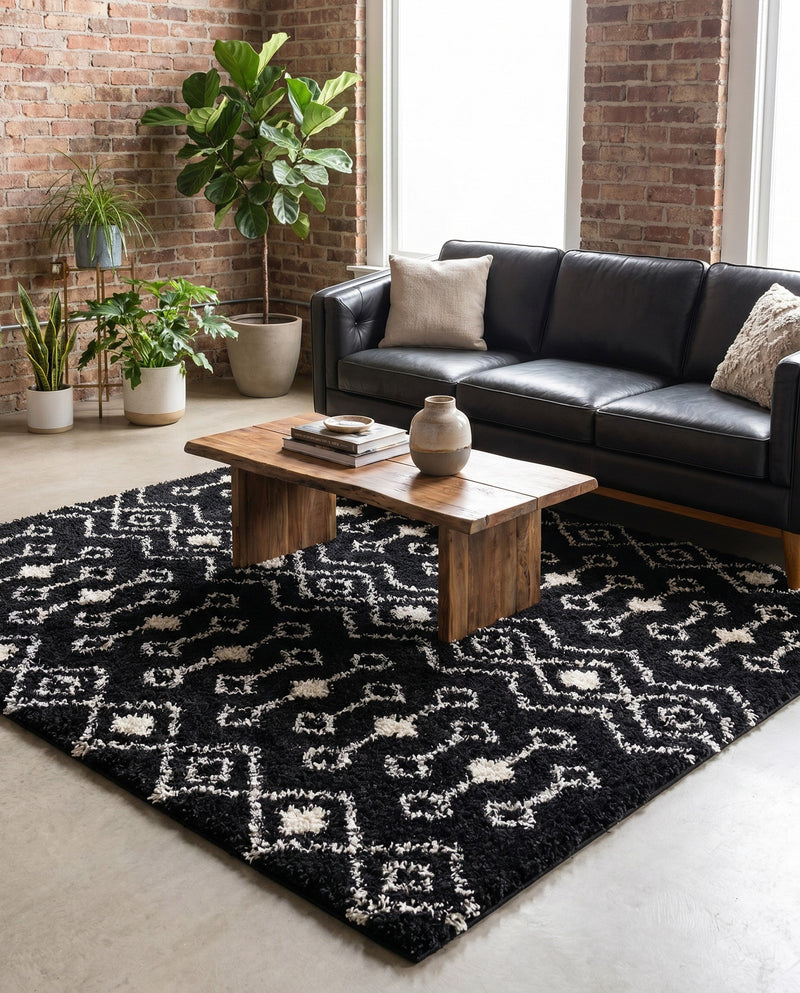 Berber Lattice Shag Collection Area Rug - Atlas (Black and White) Square Black and White  lifestyle 51