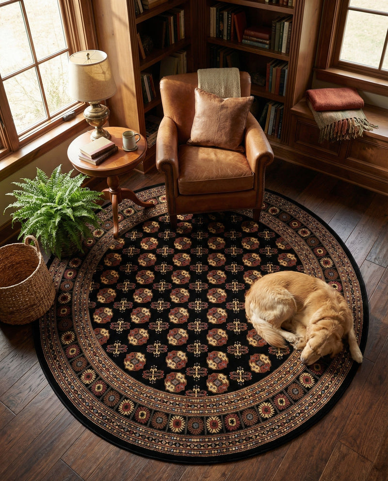 Samarkand Elegance Collection Area Rug -  Margilan (Black) Round Black  lifestyle 76