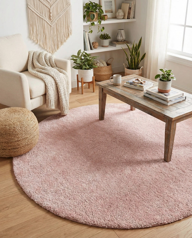 Solid Shag Seaside Collection Area Rug - Azure Cove (Pink) Round Pink  lifestyle 48
