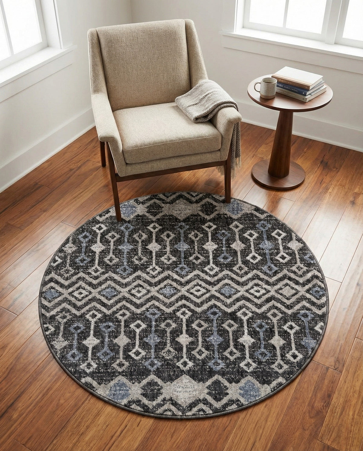 Geo Garden Lattice Collection Area Rug -  Andalusia Round Charcoal Gray  lifestyle 217