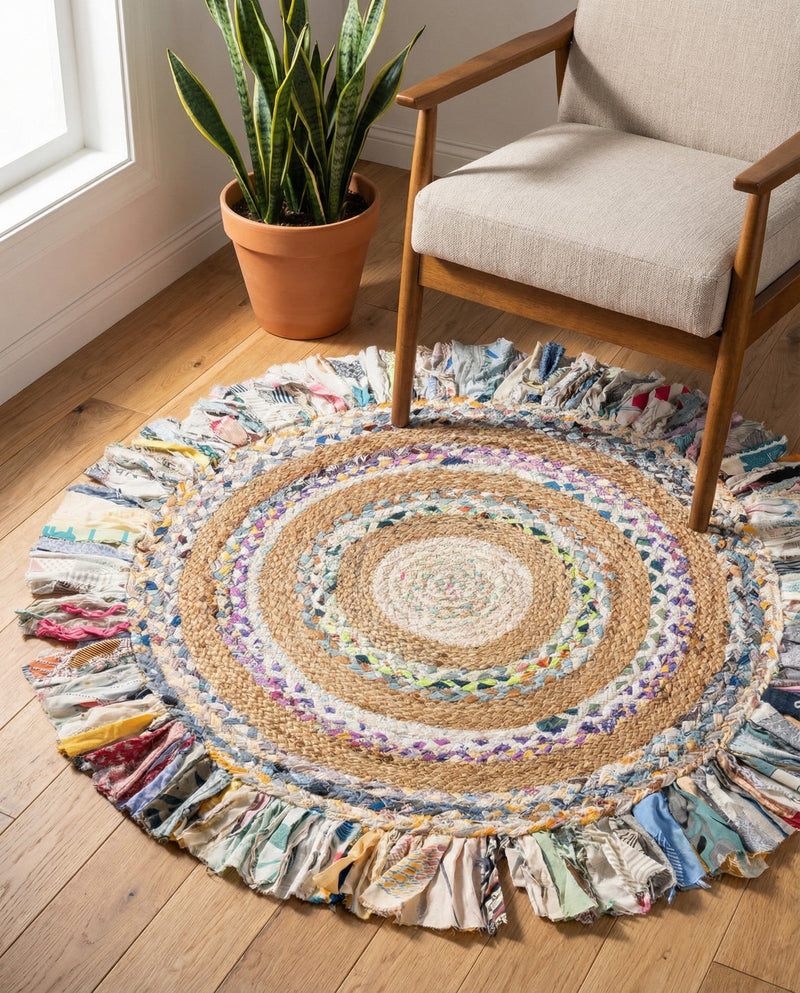 Osian Looms Collection Area Rug - Kathmandu Round Multi White  lifestyle 50