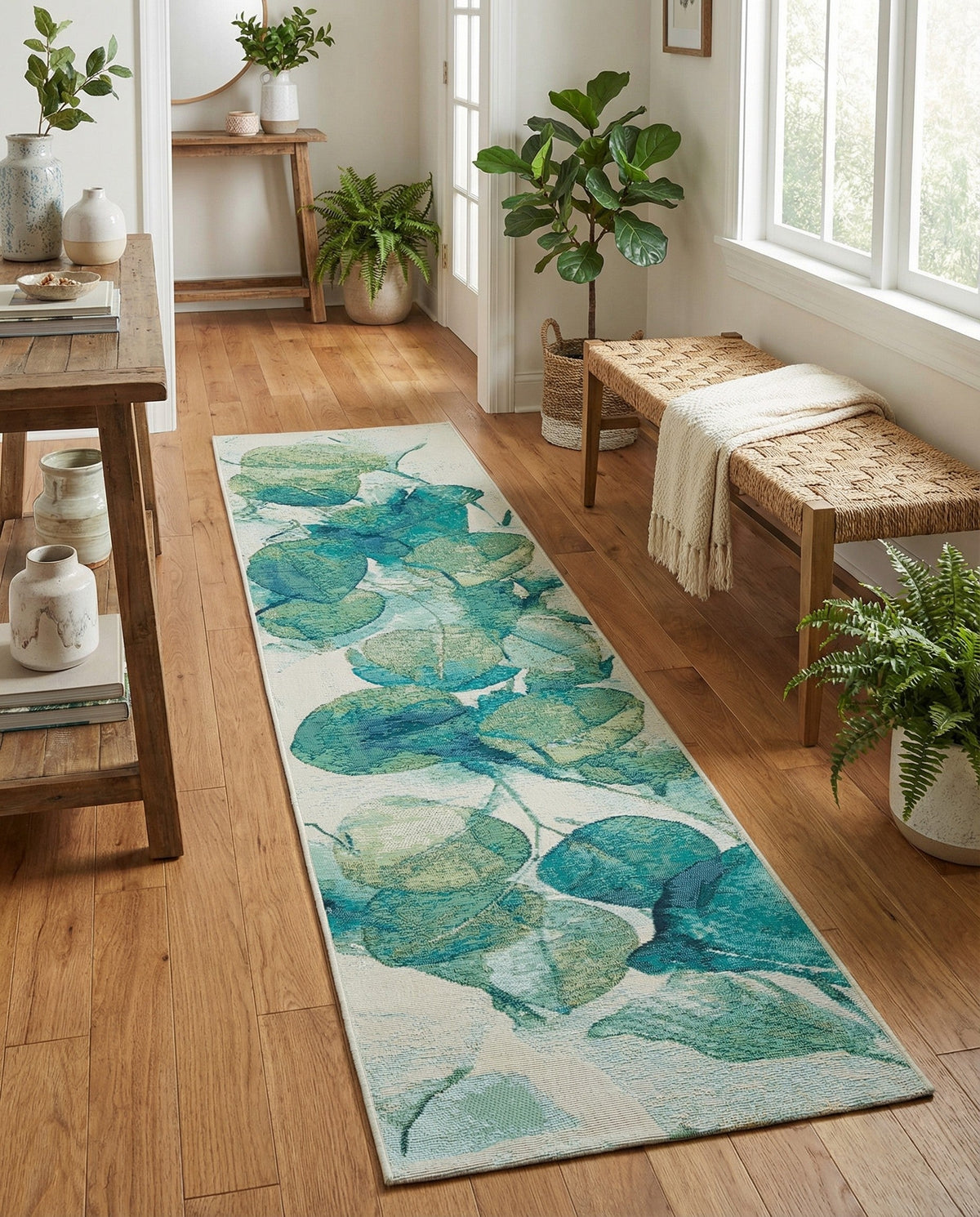 Seaside Blooms Collection Area Rug -  Flora Runner Blue Green  lifestyle 110