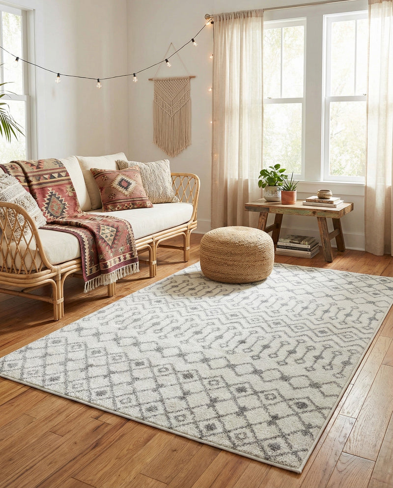 Mediterranean Lattice Collection Area Rug - Santorini (Ivory and Gray) Rectangle Ivory and Gray  lifestyle 17