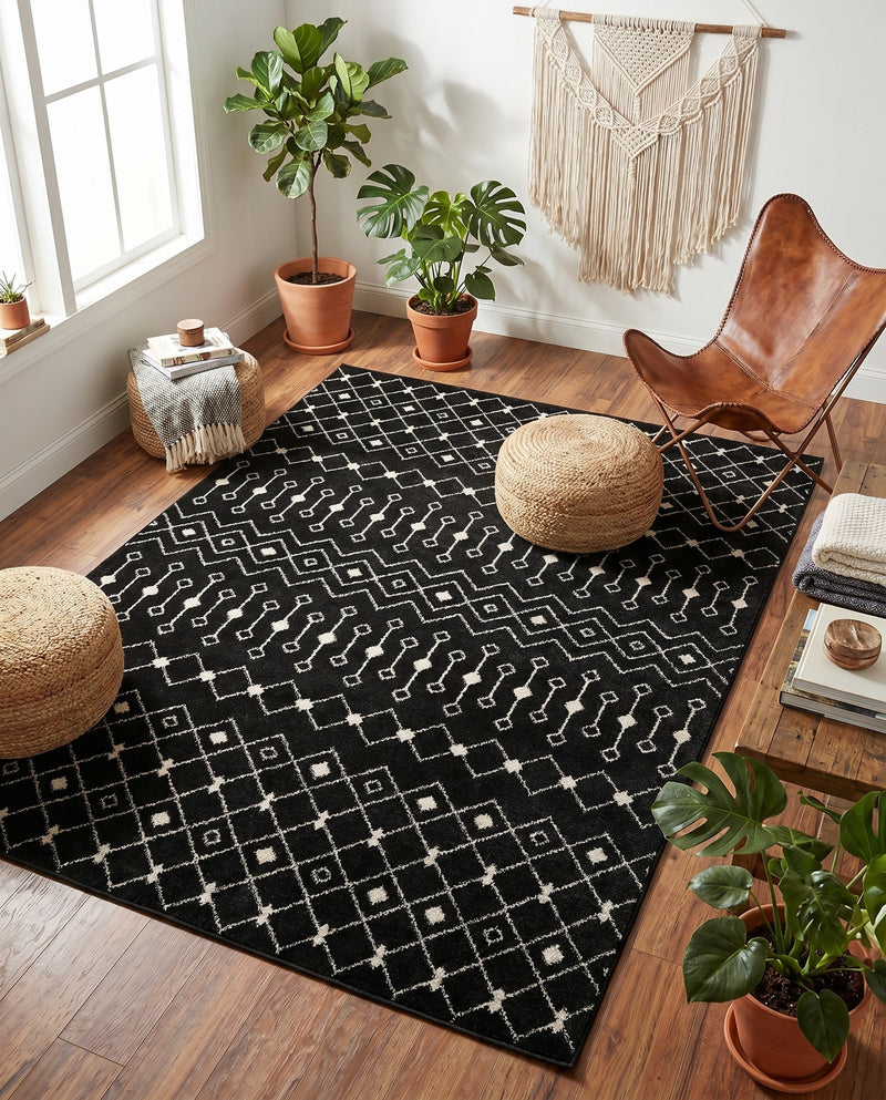 Mediterranean Lattice Collection Area Rug - Santorini (Black and White) Rectangle Black and White  lifestyle 11