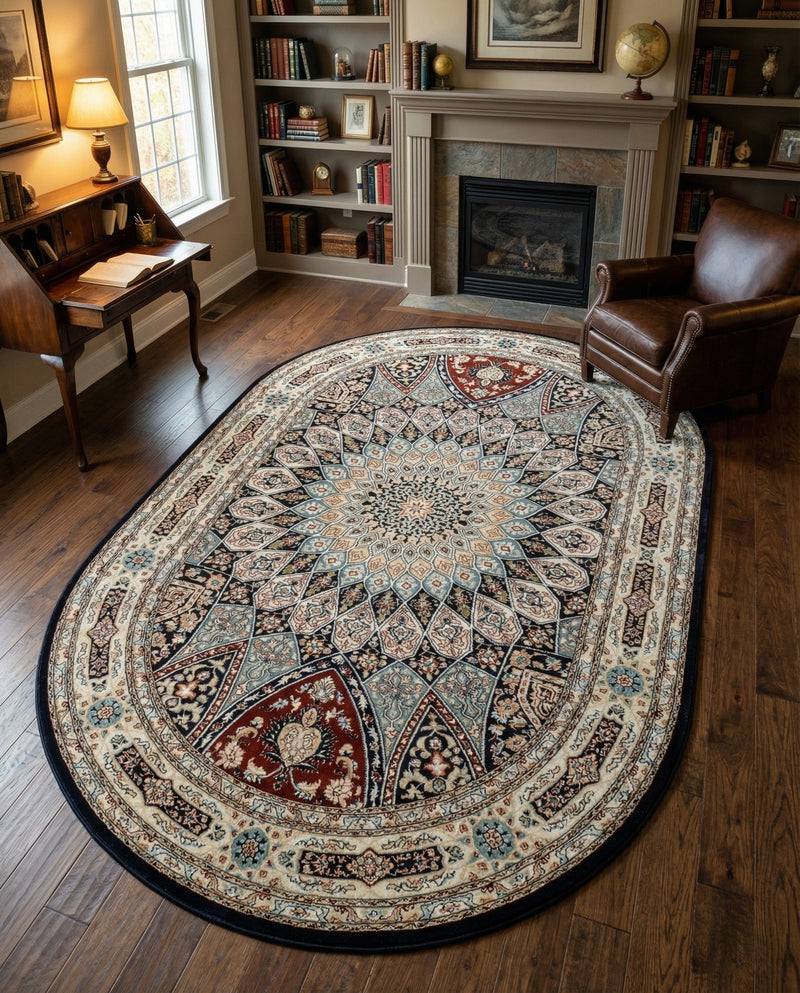 Persian Elegance Collection Area Rug -  Hamedan (Navy Blue) Oval Navy Blue  lifestyle 63