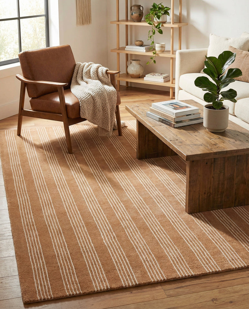 Hampton Stripes Wool Collection Area Rug - Montauk Rectangle Latte Brown  lifestyle 18