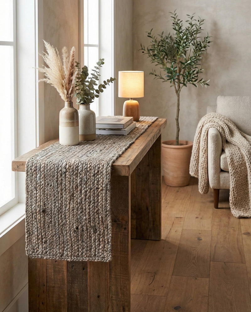 Woven Seaside Jute Collection Area Rug - Savannah (Gray) Table Runner Gray  lifestyle 79