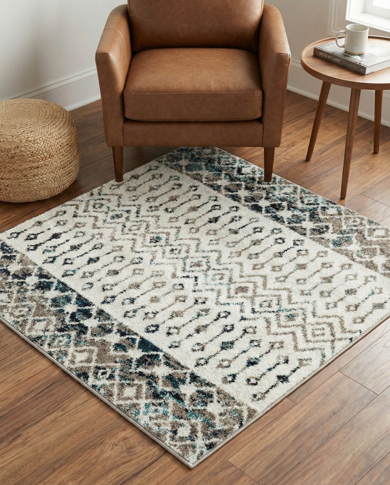 Mediterranean Lattice Collection Area Rug -  Casablanca (Ivory Gray Blue) Square Ivory Gray Blue  lifestyle 81