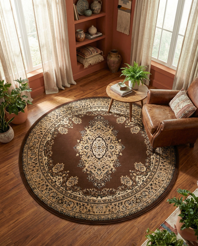 Tabriz Tapestry Collection Area Rug - Azerbaijan (Brown) Round Brown  lifestyle 56