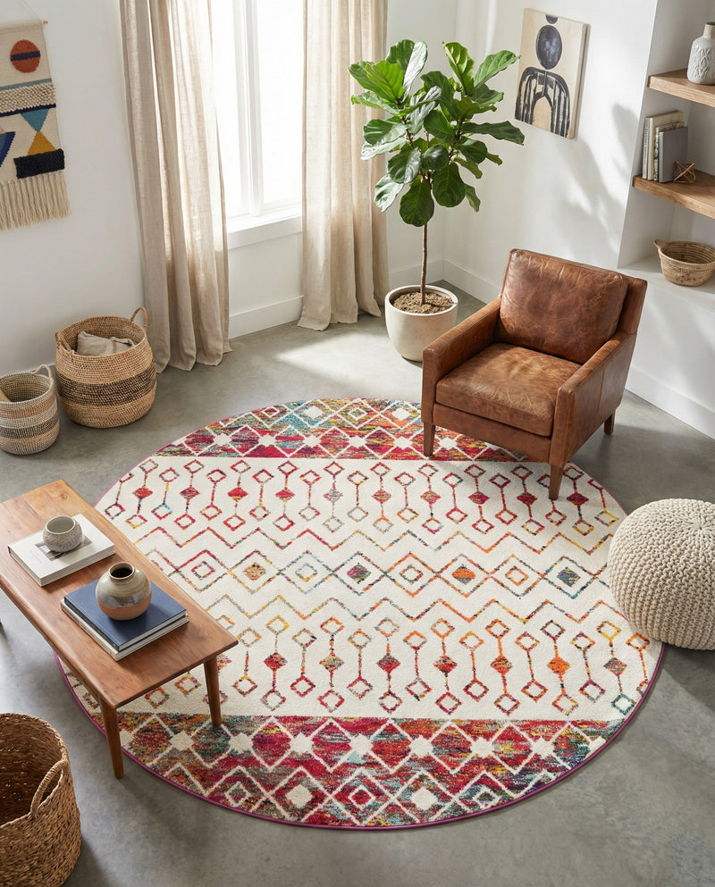 Mediterranean Lattice Collection Area Rug -  Casablanca (Ivory Multi) Round Ivory Multi  lifestyle 38