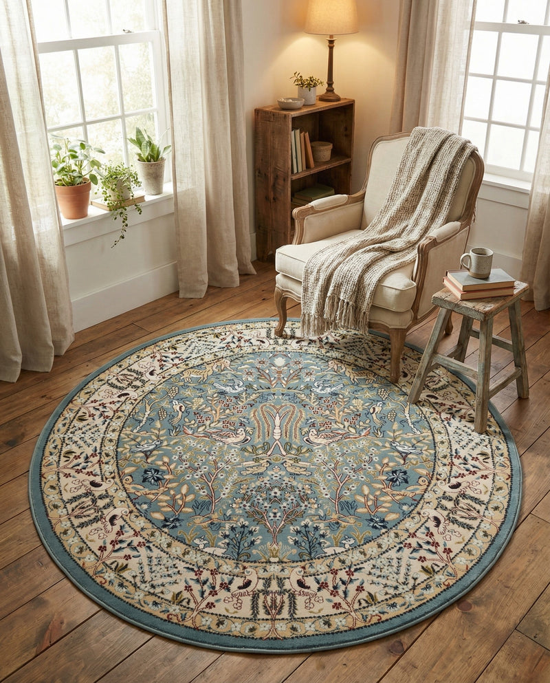 Persian Elegance Collection Area Rug -  Kerman (Blue) Round Blue  lifestyle 96