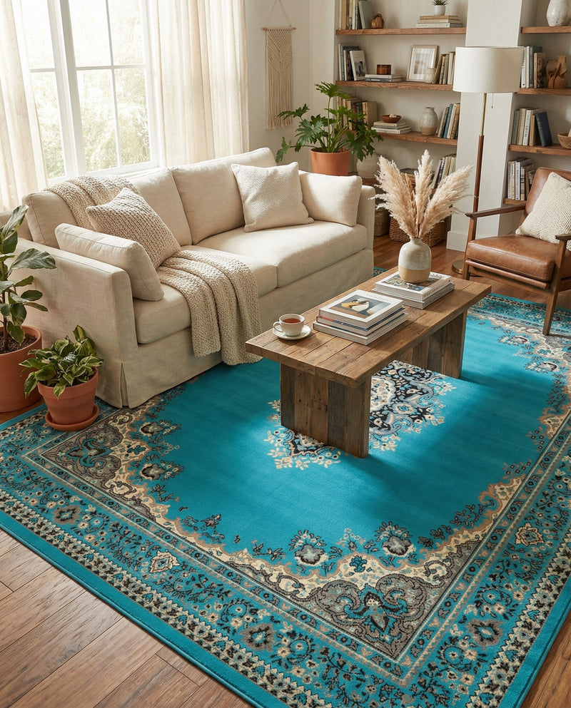 Tabriz Tapestry Collection Area Rug - Azerbaijan (Turquoise) Rectangle Turquoise  lifestyle 3