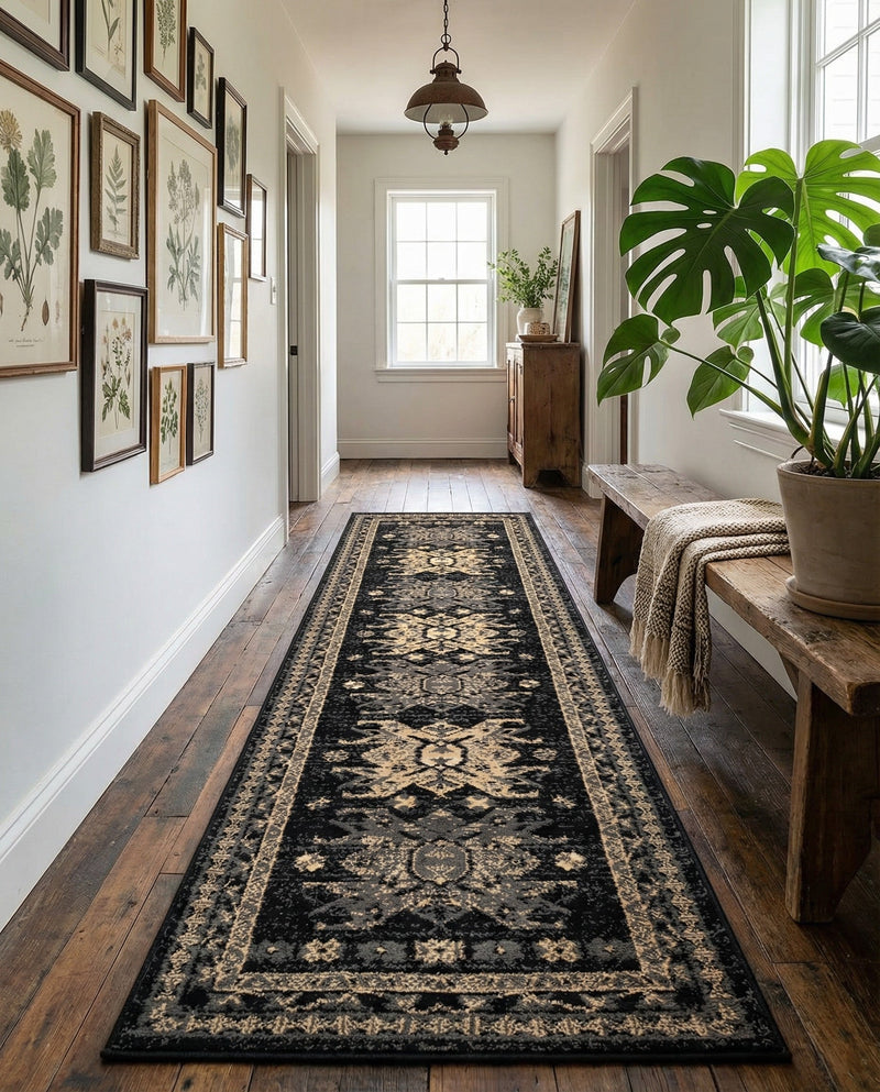 Tabriz Tapestries Collection Area Rug - Azerbaijan (Black) Runner Black  lifestyle 54