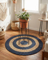 Woven Seaside Jute Collection Area Rug - Nautilus Round Navy Blue Natural  lifestyle 57