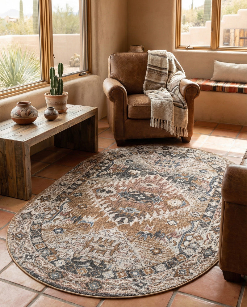 Desert Modern Eco Rug Series Collection Area Rug -  Navajo Oval Khaki Gray  lifestyle 60