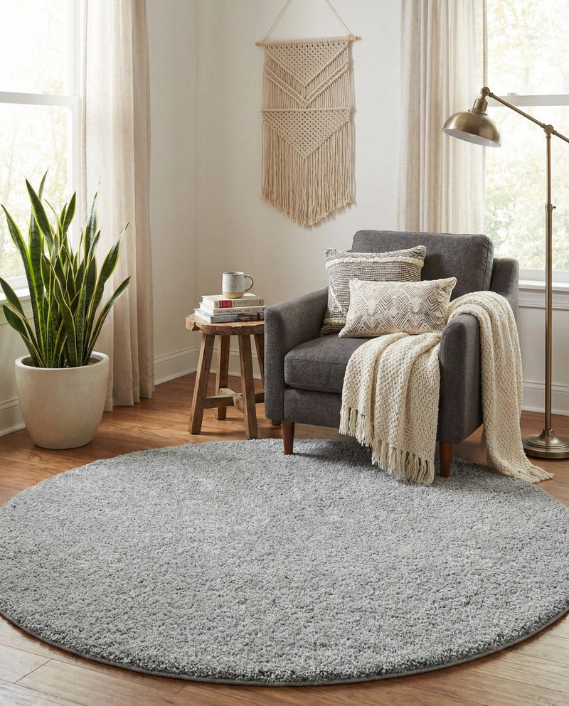 Cozy Comfort Shag Collection Area Rug - Haven (Cloud Gray) Round Cloud Gray  lifestyle 73